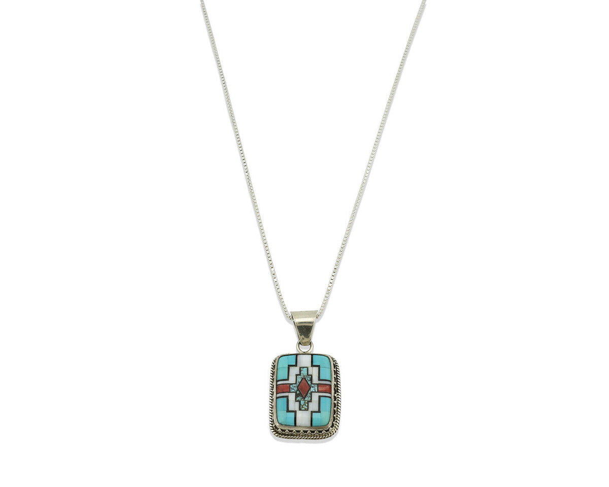 Navajo Handmade Inlaid Gemstone Pendant .925 Silver Signed SN C.80's