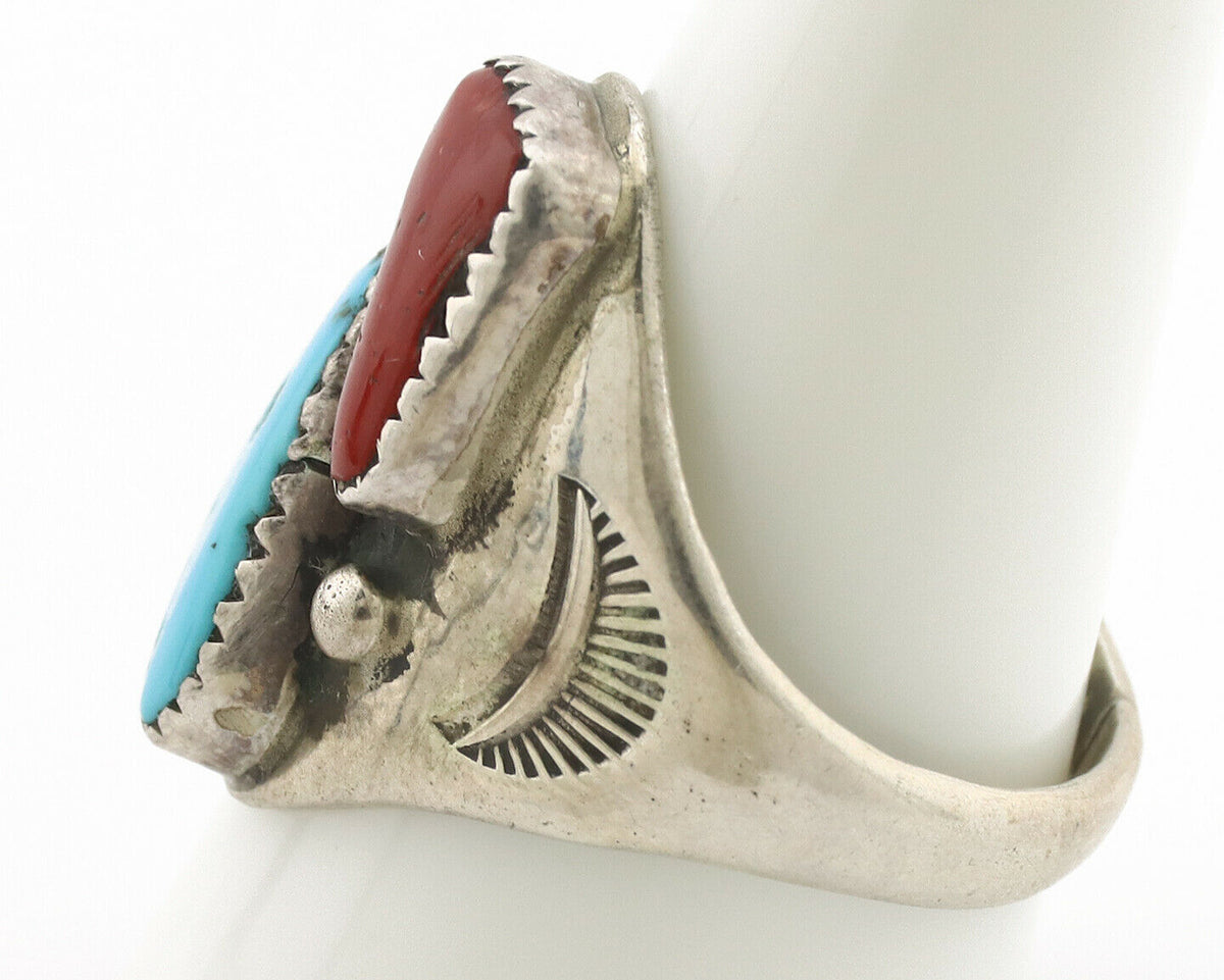 Zuni Ring .925 Silver Natural Turquoise & Coral Native American Artist C.1980's