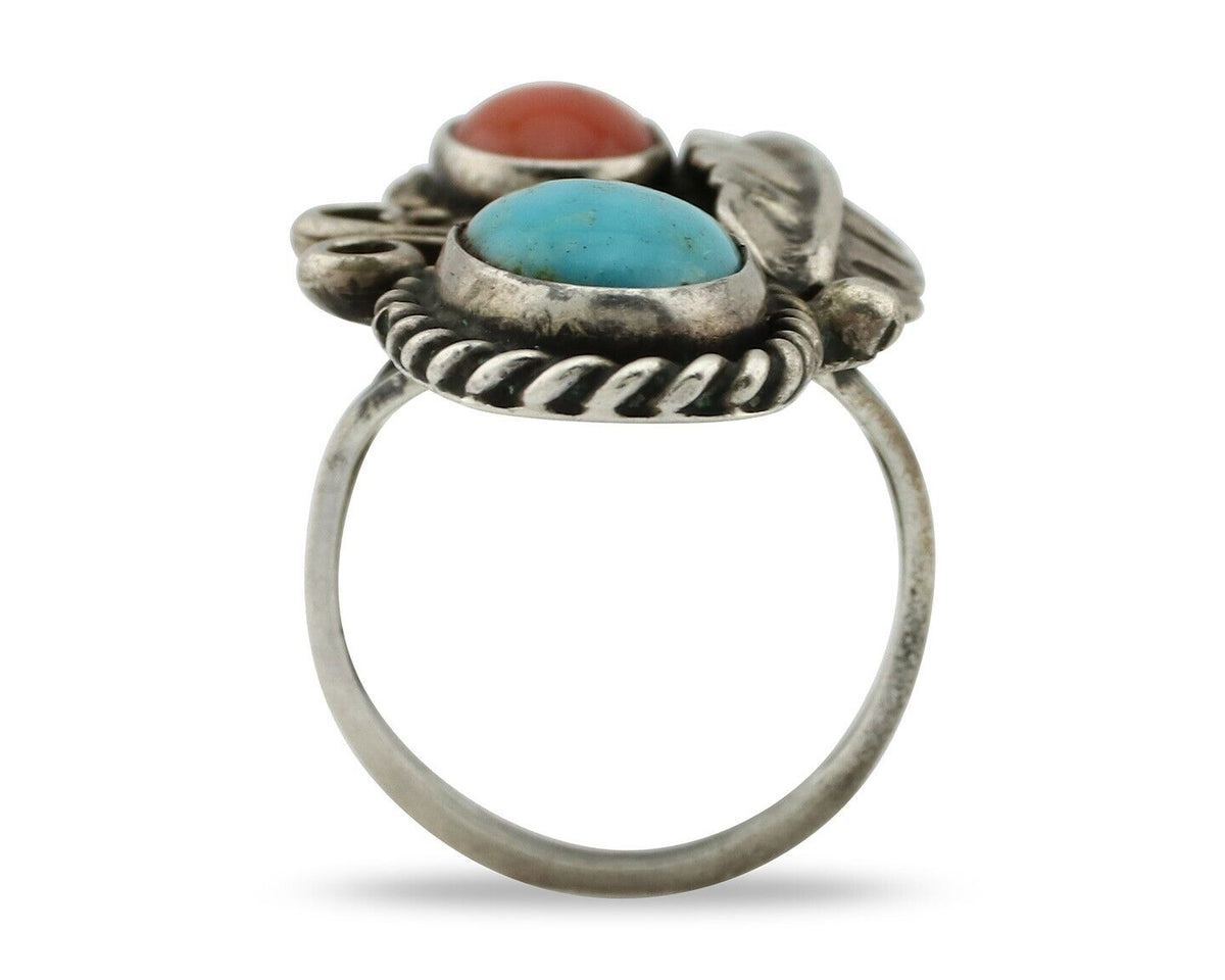 Navajo Handmade Ring 925 Silver Turquiose & Coral Native American Artist C.80's