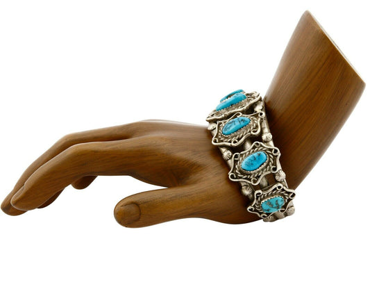 Women's Old Pawn Bracelet Handmade .925 Silver Natural Turquoise Cuff C.70s-80s