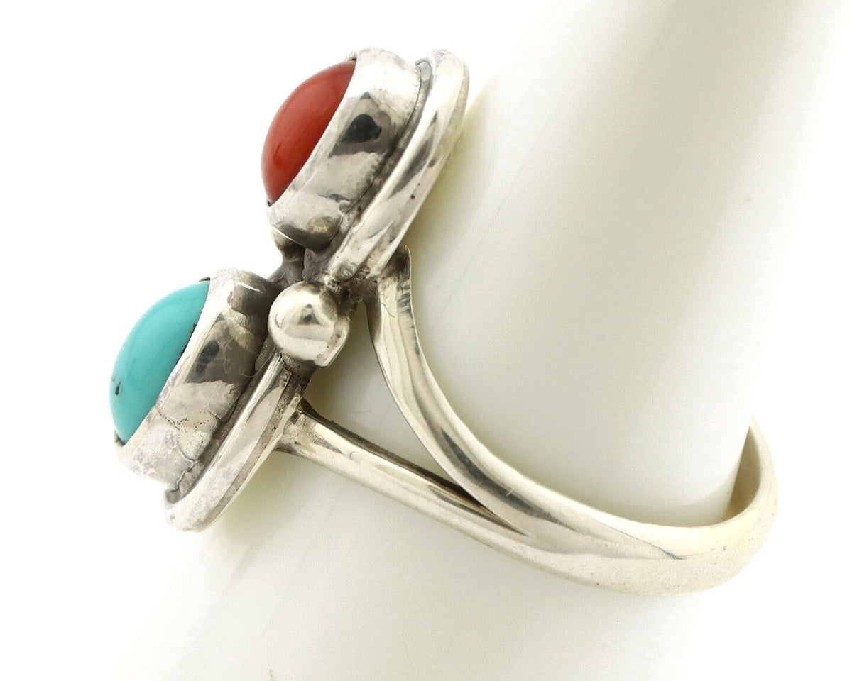 Navajo Handmade Ring 925 Silver Coral & Turquoise Native American Artist C.80's