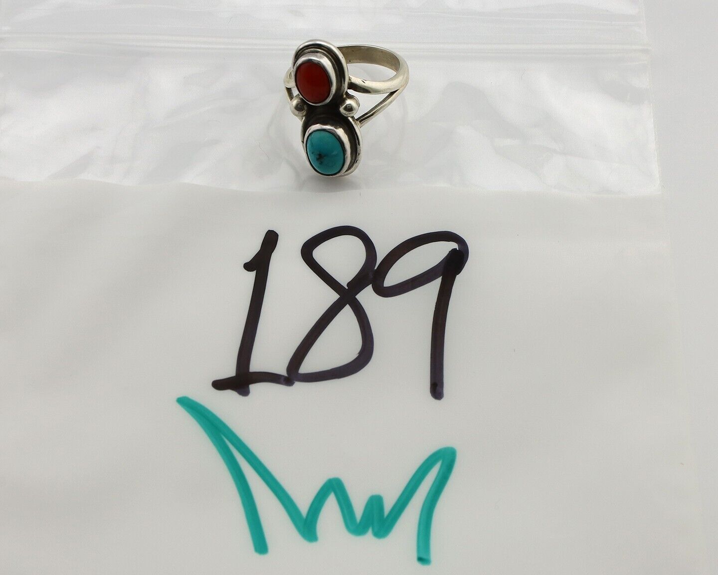 Navajo Handmade Ring 925 Silver Coral & Turquoise Native American Artist C.80's