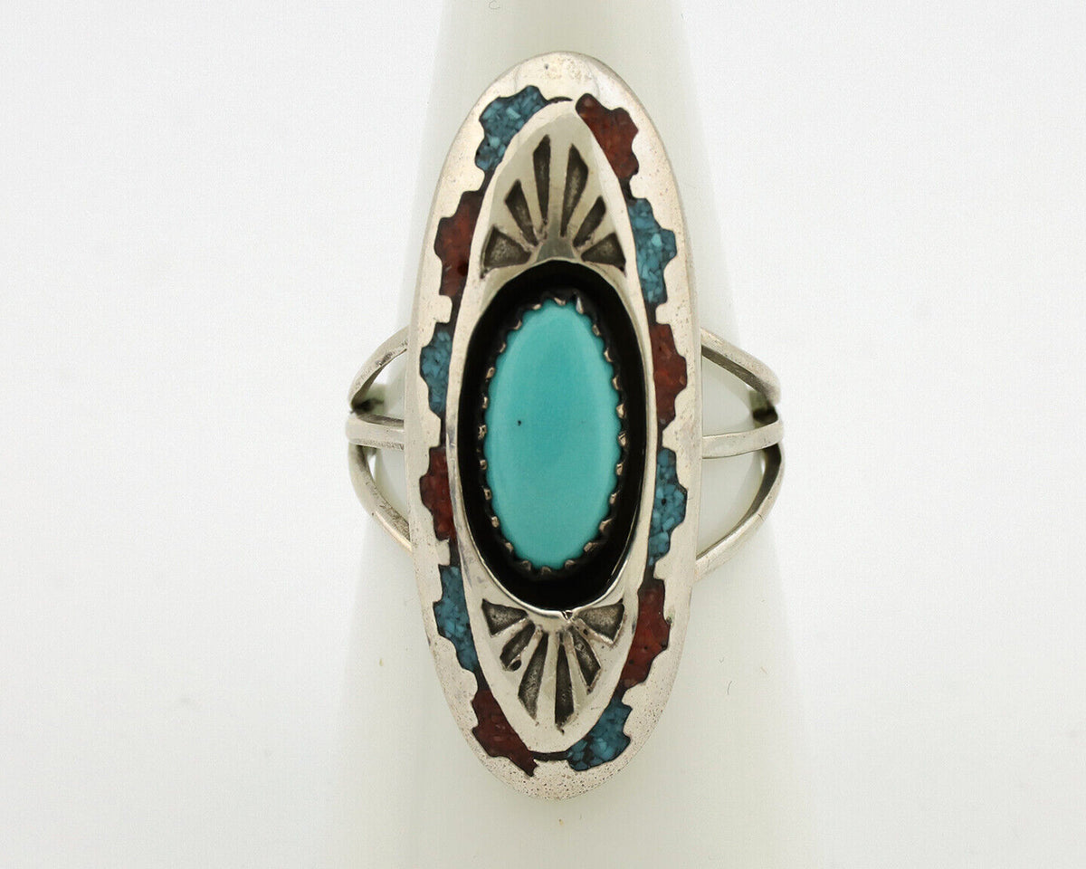 Navajo Ring 925 Silver Turquoise & Coral Signed Circle JW C.80s