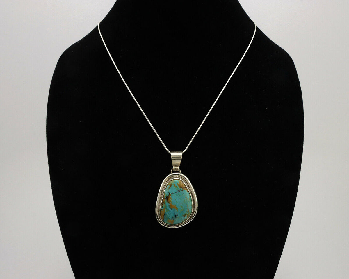 Navajo Necklace .925 Silver Morenci Turquoise Signed Sun C.1980's