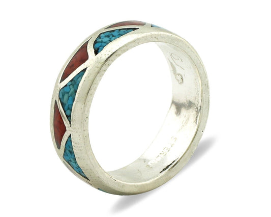 Navajo Chip Inlay Ring 925 Silver Sleeping Beauty Turquoise & Coral Silver Cloud