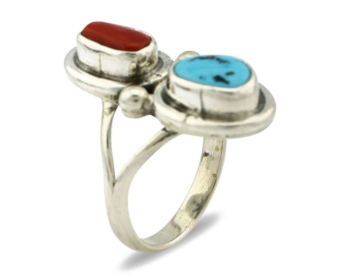Navajo Ring .925 Silver Red Coral & Blue Turquoise Native Artist C.80's