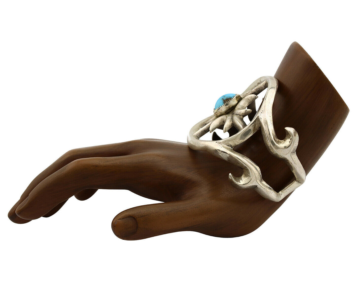 Navajo Sand Cast Cuff Bracelet .925 Silver Morenci Turquoise Native Artist C.80s