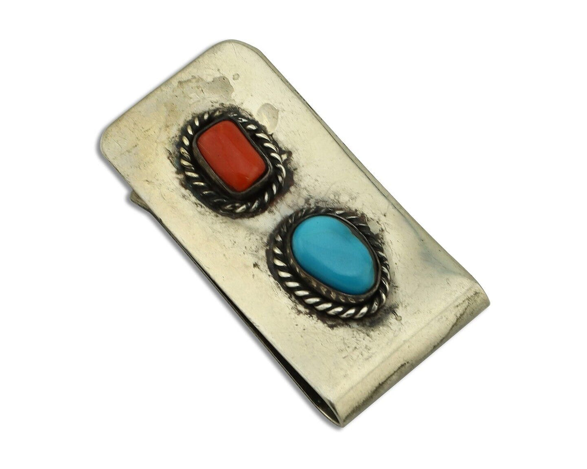 Navajo Money Clip 925 Silver & 999 Nickel Natural Turquoise & Coral Artist C80