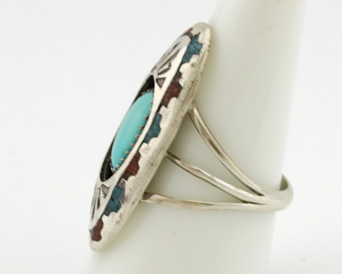 Navajo Ring 925 Silver Turquoise & Coral Signed Circle JW C.80s