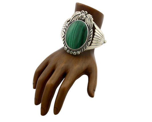 Navajo Bracelet .925 Silver Artist Carol Felley Natural Malachite C.80's