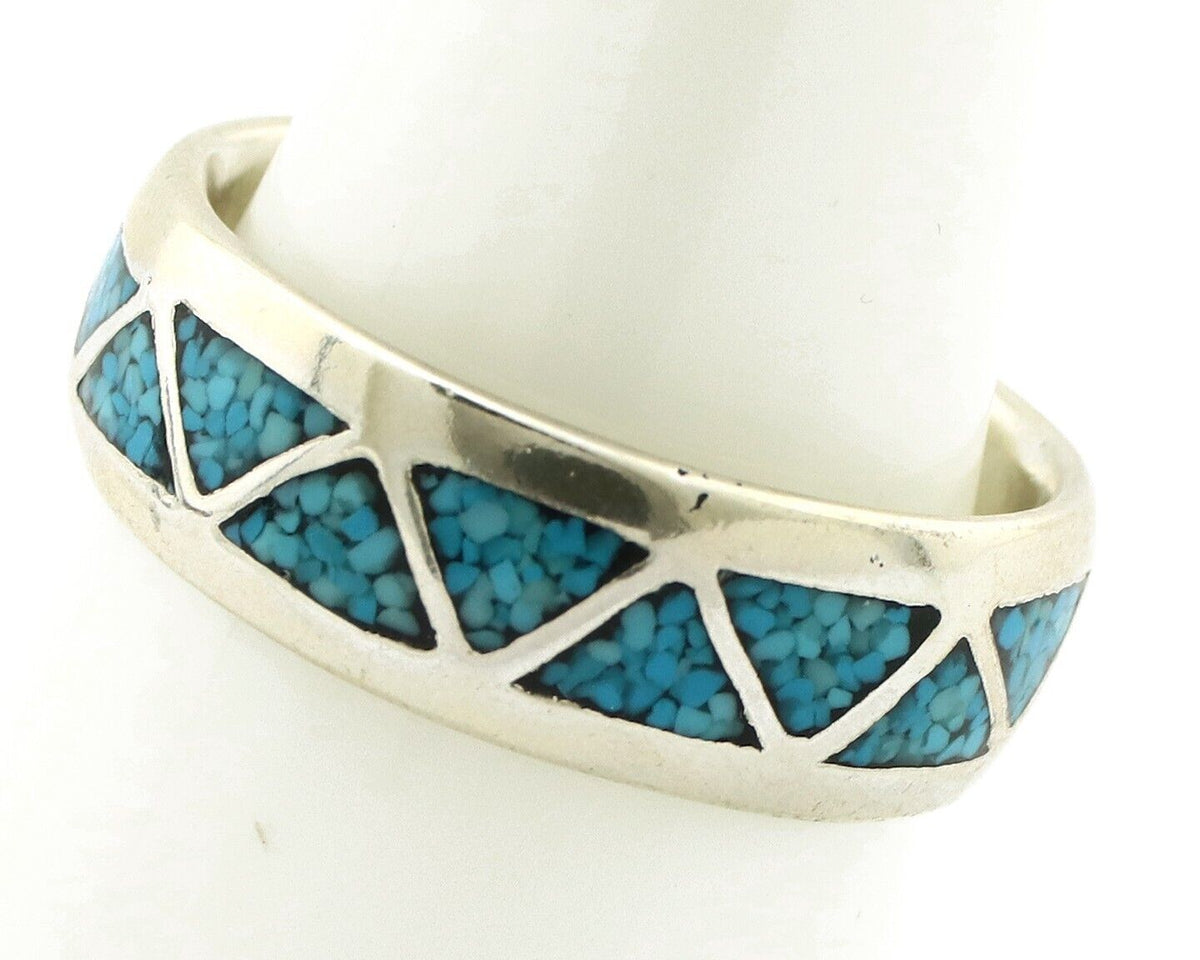 Navajo Chip Inlay Ring 925 Silver Sleeping Beauty Turquoise Artist Silver Cloud