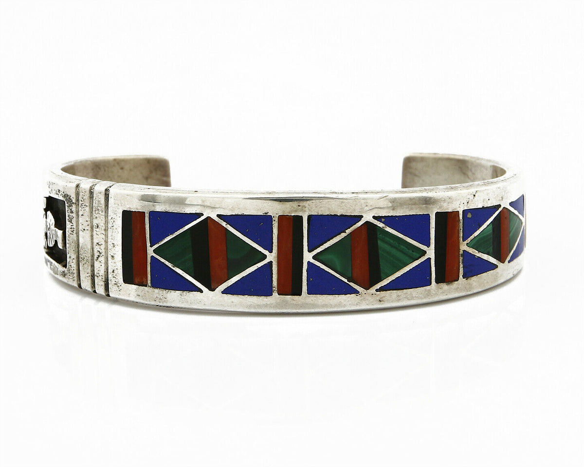 C. 1980's Zuni Inlaid Natural Gemstone .925 Silver Cuff Bracelet