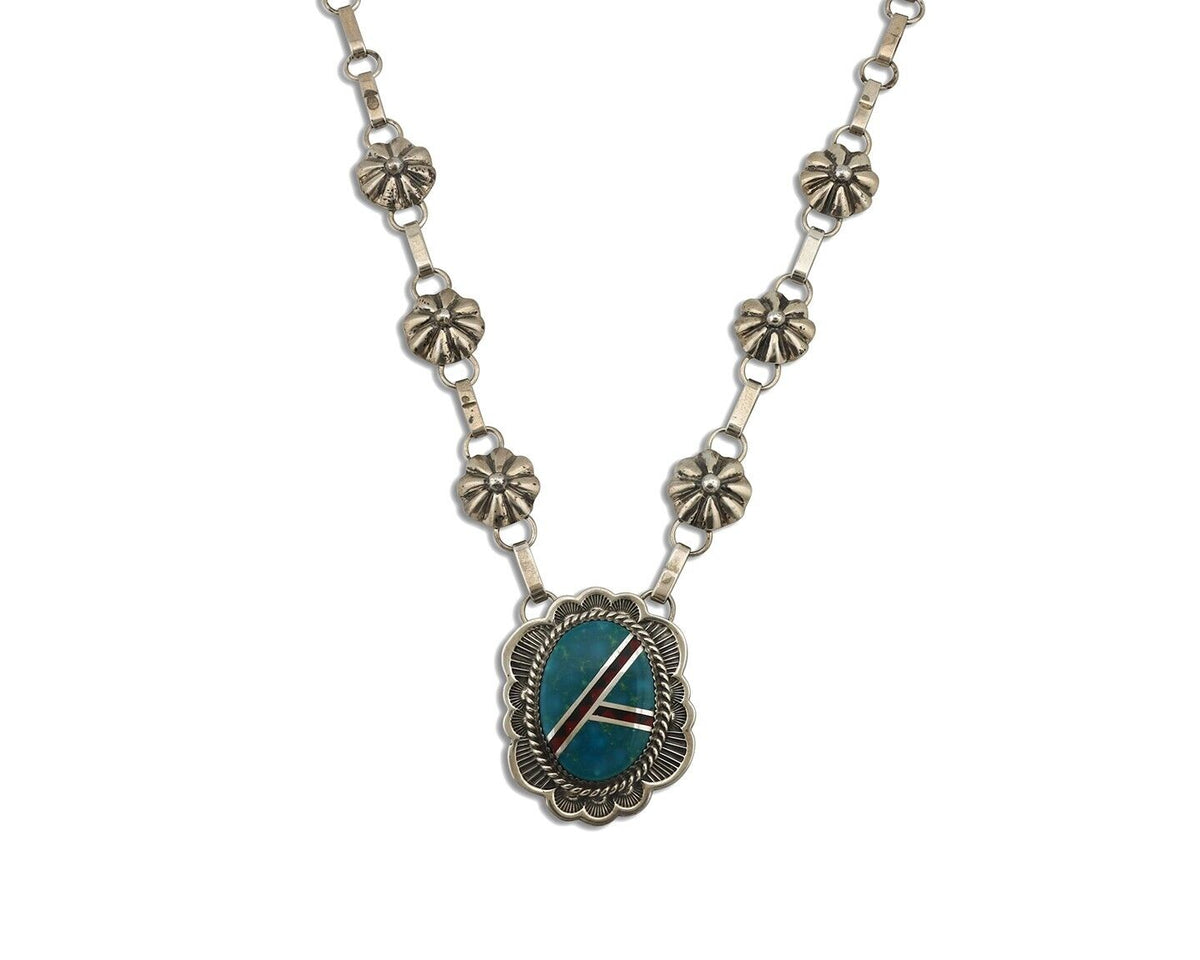 Navajo Necklace 925 Silver Blue Gem Turquoise, Onyx, Coral Signed M Begay C.80's