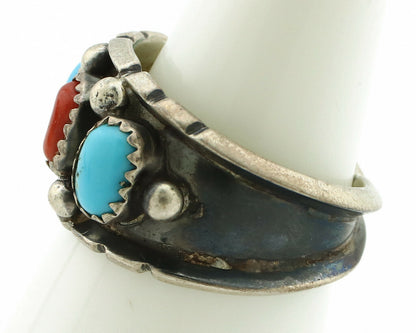 Zuni Ring .925 Silver Turquoise & Coral Artist Signed Milton Lasiloo C.80's