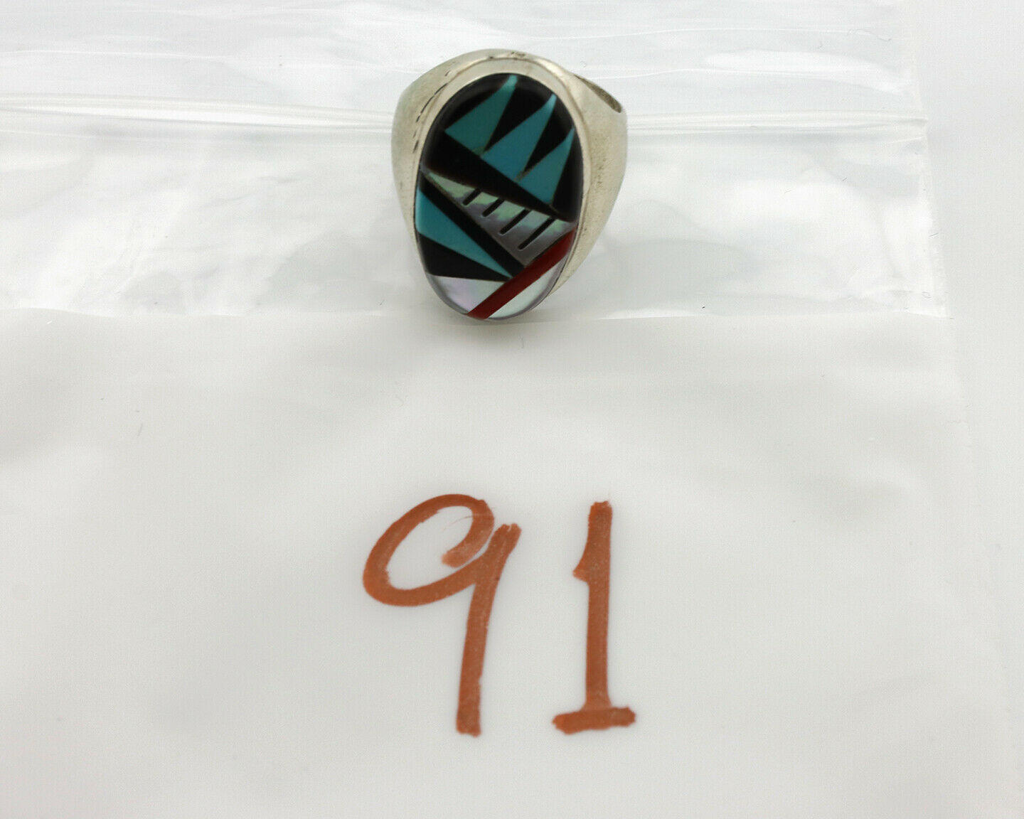 Zuni Inlaid Ring .925 Silver Gemstone Artist Native American C.1980's