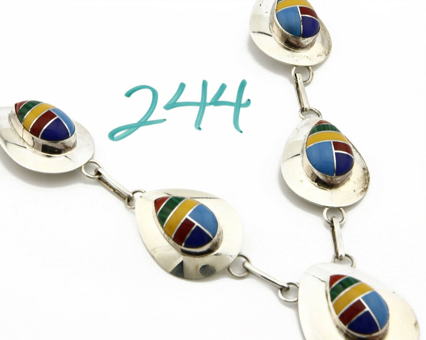 VTG Navajo Signed RWF .925 Silver & Gemstone Concho Inlaid Necklace