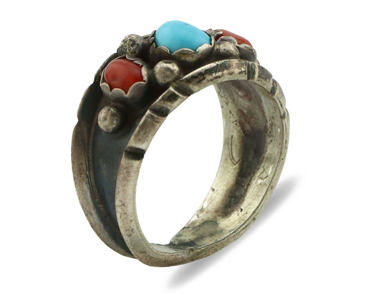 Zuni Ring .925 Silver Turquoise & Coral Artist Signed Milton Lasillo C.80's