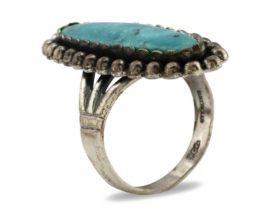 Navajo Ring .925 Silver Morenci Turquoise Signed Artist Sunbell C.80's