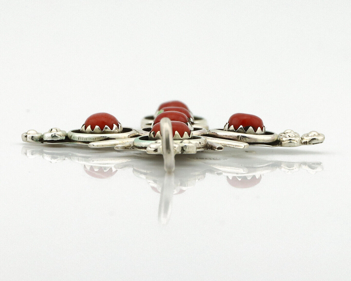 Zuni Handmade Cross Necklace 925 Silver Red Coral Artist Signed NOM? C.80's