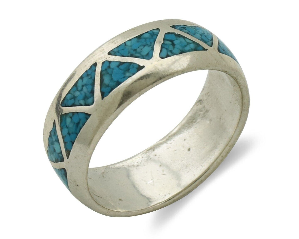 Navajo Chip Inlay Ring 925 Silver Sleeping Beauty Turquoise Artist Silver Cloud