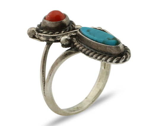 Navajo Handmade Ring 925 Silver Turquiose & Coral Native American Artist C.80's