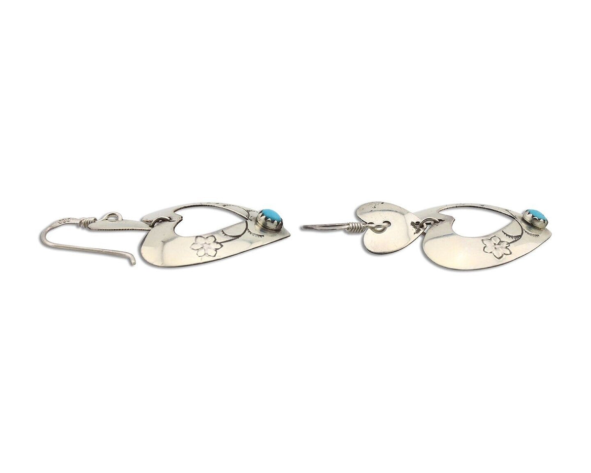 Navajo Dangle Heart Earrings Handmade 925 Silver Blue Turquoise Native Artist 80