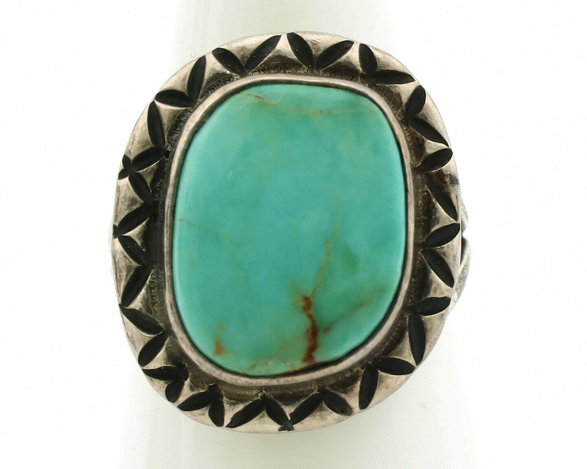 Navajo Ring .925 Silver Kingman Turquoise Artist Signed Gecko C.1980's
