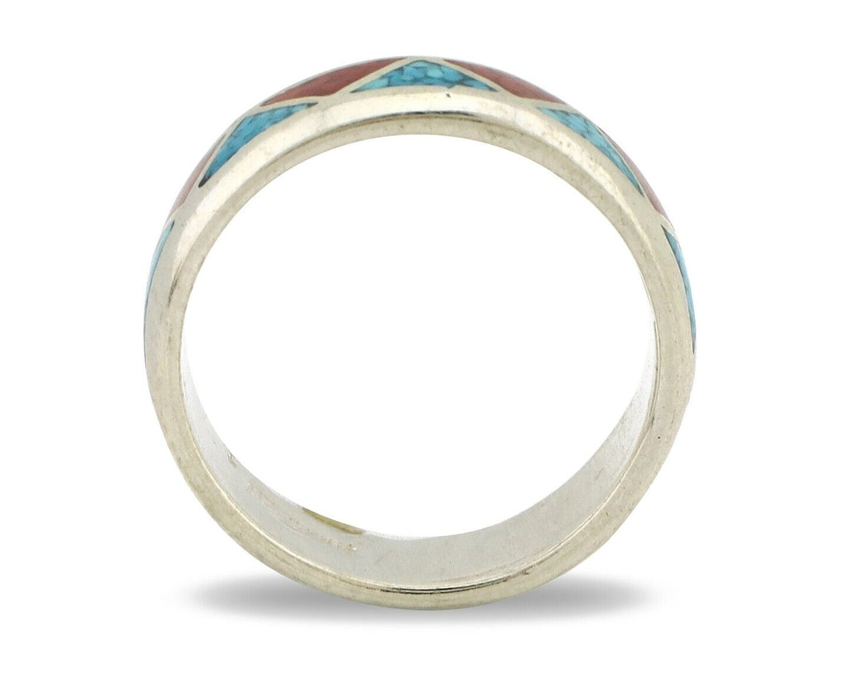 Navajo Chip Inlay Ring 925 Silver Sleeping Beauty Turquoise & Coral Silver Cloud