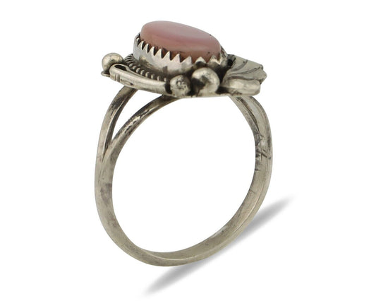 Navajo Ring .925 Silver Natural Pink Mussel Artist Signed Justin Morris C.80's