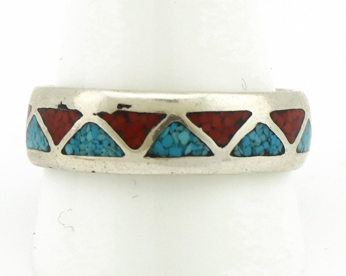 Navajo Ring 925 Silver Natural Turquoise & Coral Native American Artist C.80's