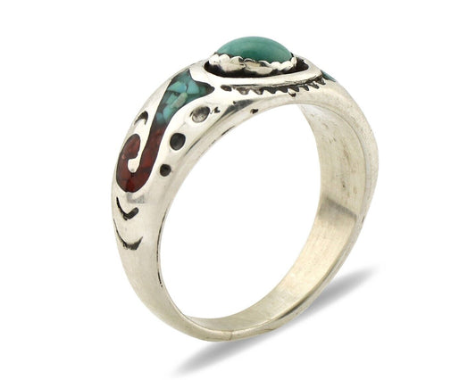 Navajo Handmade Ring 925 Silver Blue Turquoise & Coral Native American C.80's