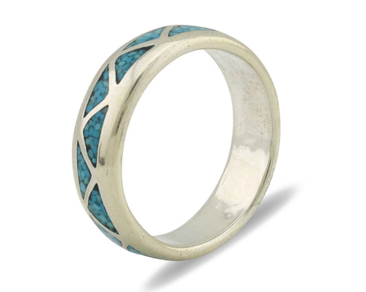 Navajo Chip Inlay Ring 925 Silver Sleeping Beauty Turquoise Artist Silver Cloud