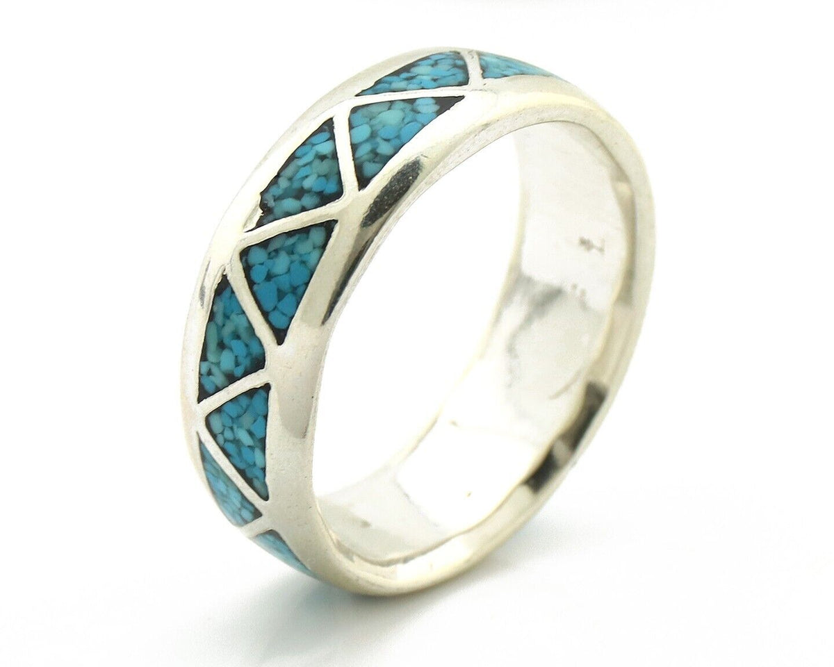 Navajo Chip Inlay Ring 925 Silver Sleeping Beauty Turquoise Artist Silver Cloud