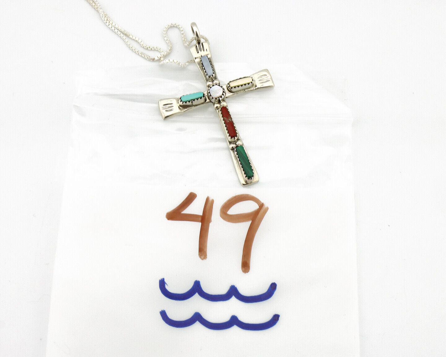 Zuni Handmade Cross Necklace 925 Silver Natural Gemstone Signed C. IULE C.80's