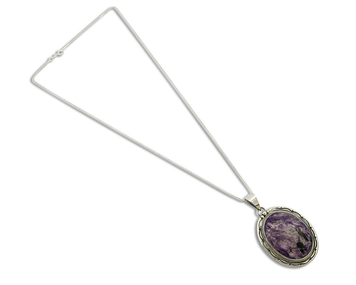 C.1980's Navajo Signed Roie Jaque .925 Silver Large Charoite Necklace
