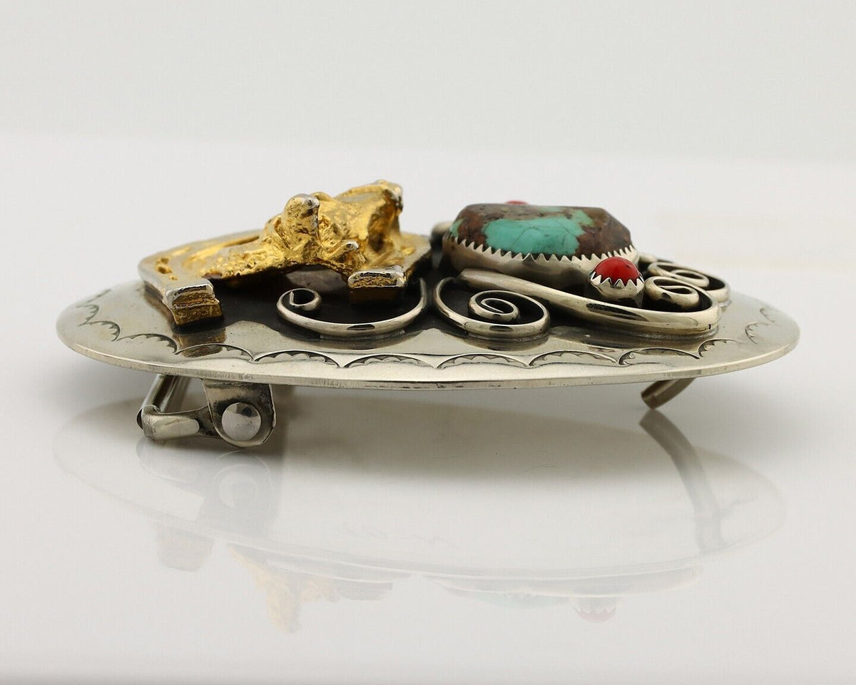 Navajo Eagle Head Belt Buckle .999 Nickle Turquoise & Coral Native Artist C80s