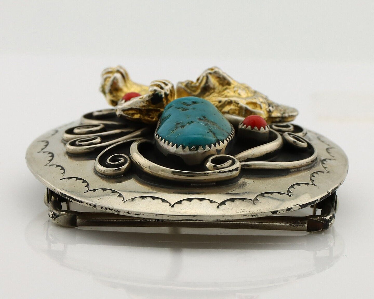 Navajo Eagle Head Belt Buckle .999 Nickle Turquoise & Coral Native Artist C80s