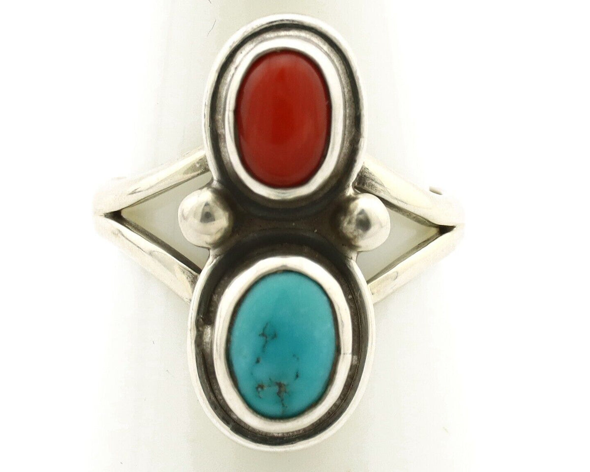 Navajo Handmade Ring 925 Silver Coral & Turquoise Native American Artist C.80's