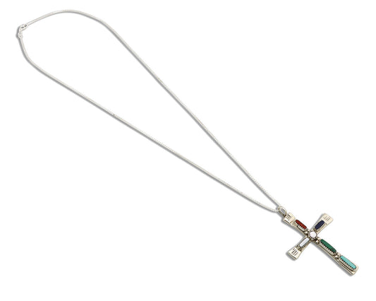 Zuni Handmade Cross Necklace 925 Silver Natural Gemstone Signed C. IULE C.80's