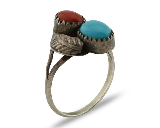 Navajo Handmade Ring 925 Silver Turquiose & Coral Native American Artist C.80's