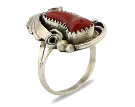 Navajo Ring 925 Silver Mediterranean Coral Artist Signed Justin Morris C.80's