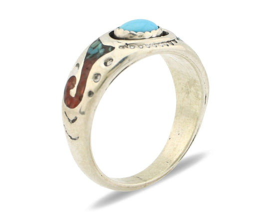 Navajo Handmade Ring 925 Silver Blue Turquoise & Coral Native American C.80's