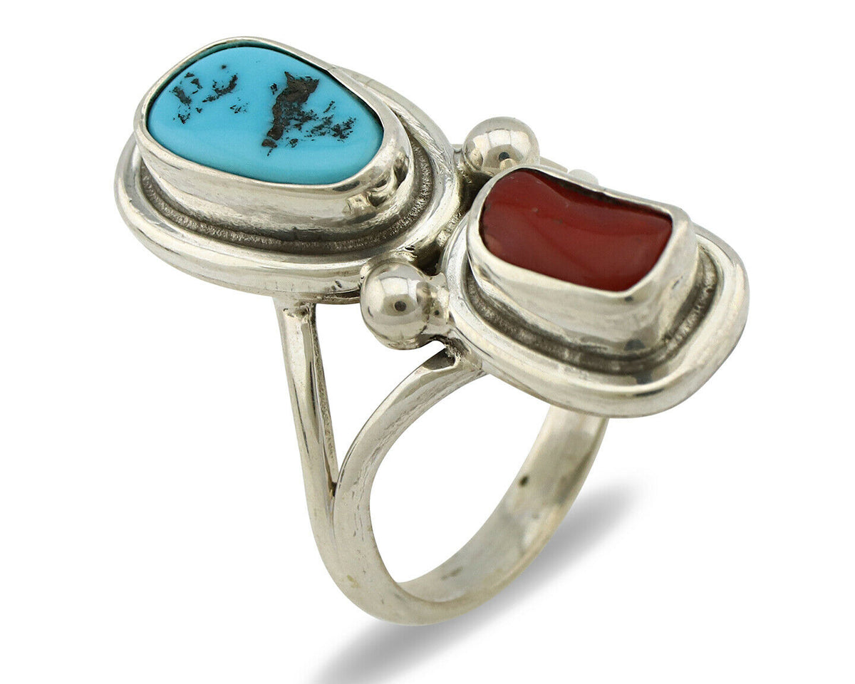 Navajo Ring .925 Silver Blue Turquoise & Red Coral Native American Artist C.80's