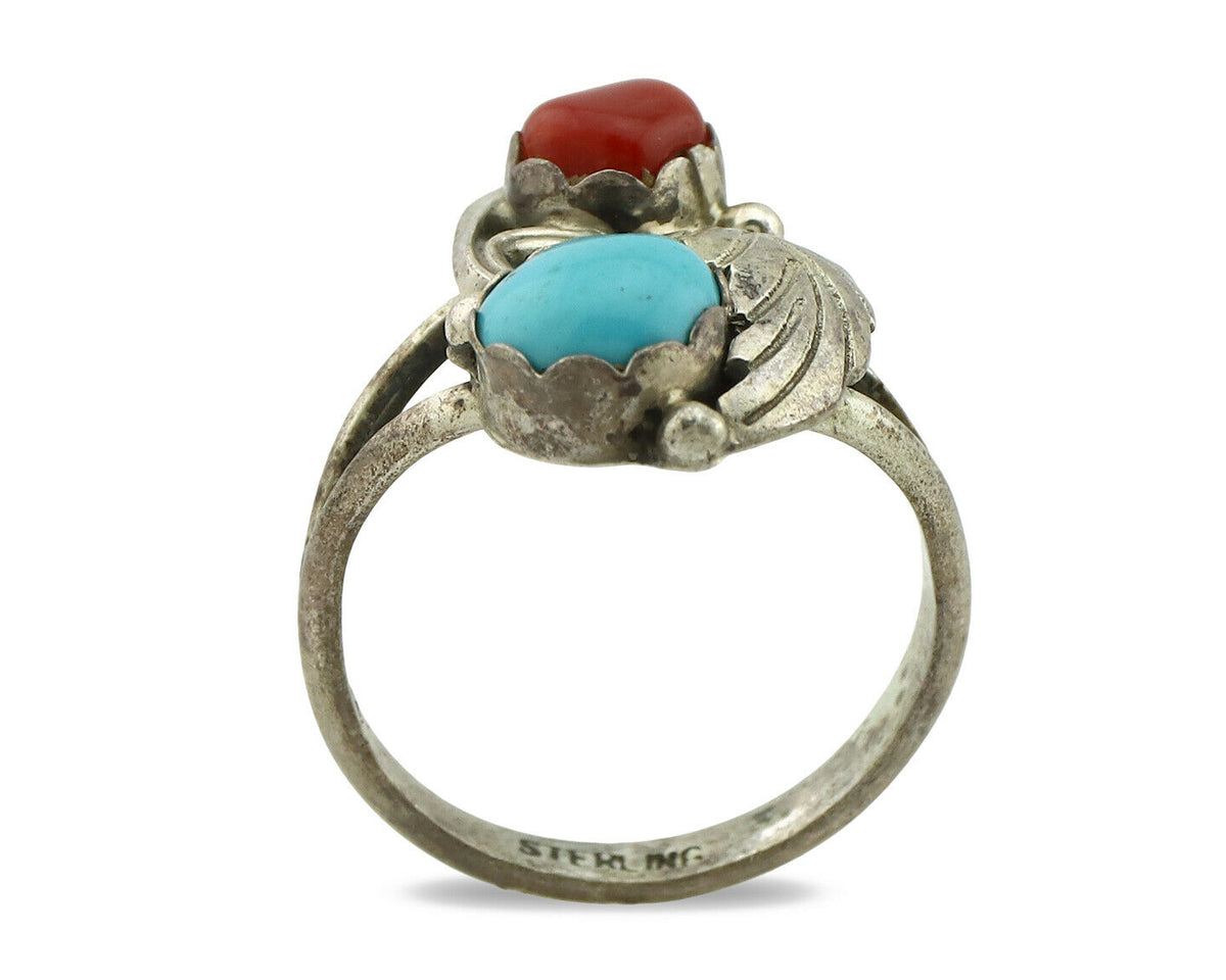 Navajo Ring .925 Silver Turquoise & Coral Native American Artist C.1980's