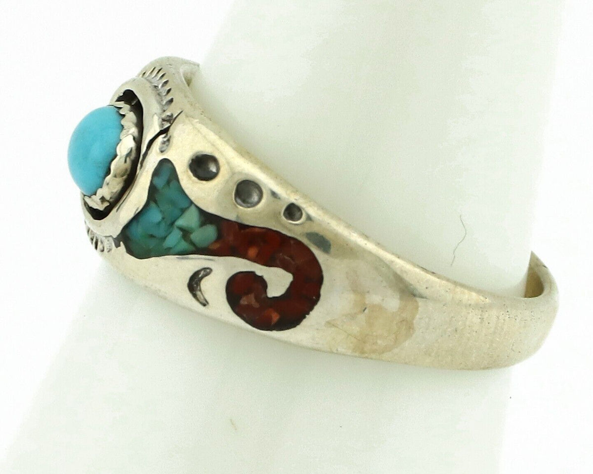 Navajo Handmade Ring 925 Silver Blue Turquoise & Coral Native American C.80's