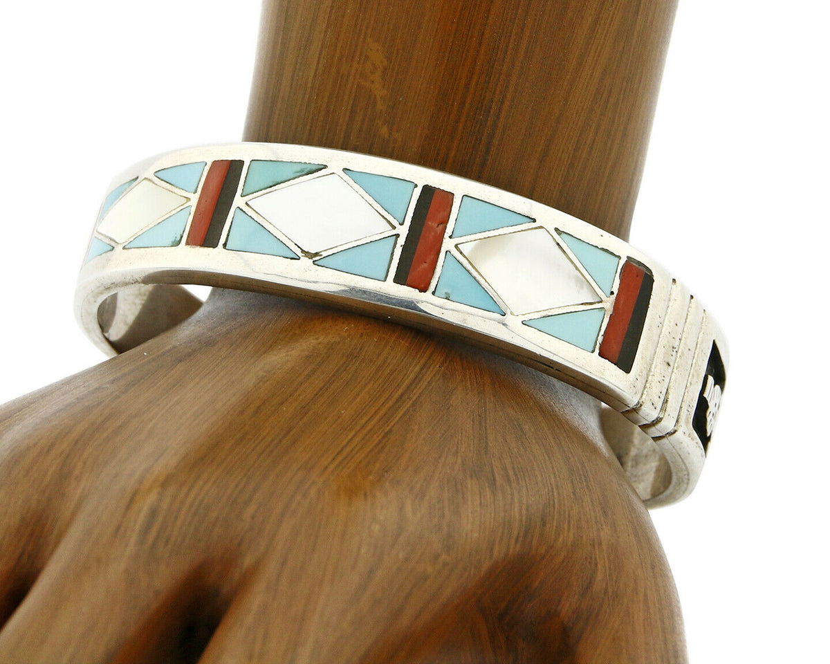 C. 1980's Zuni Inlaid Gemstone .925 Silver Handmade Cuff Bracelet