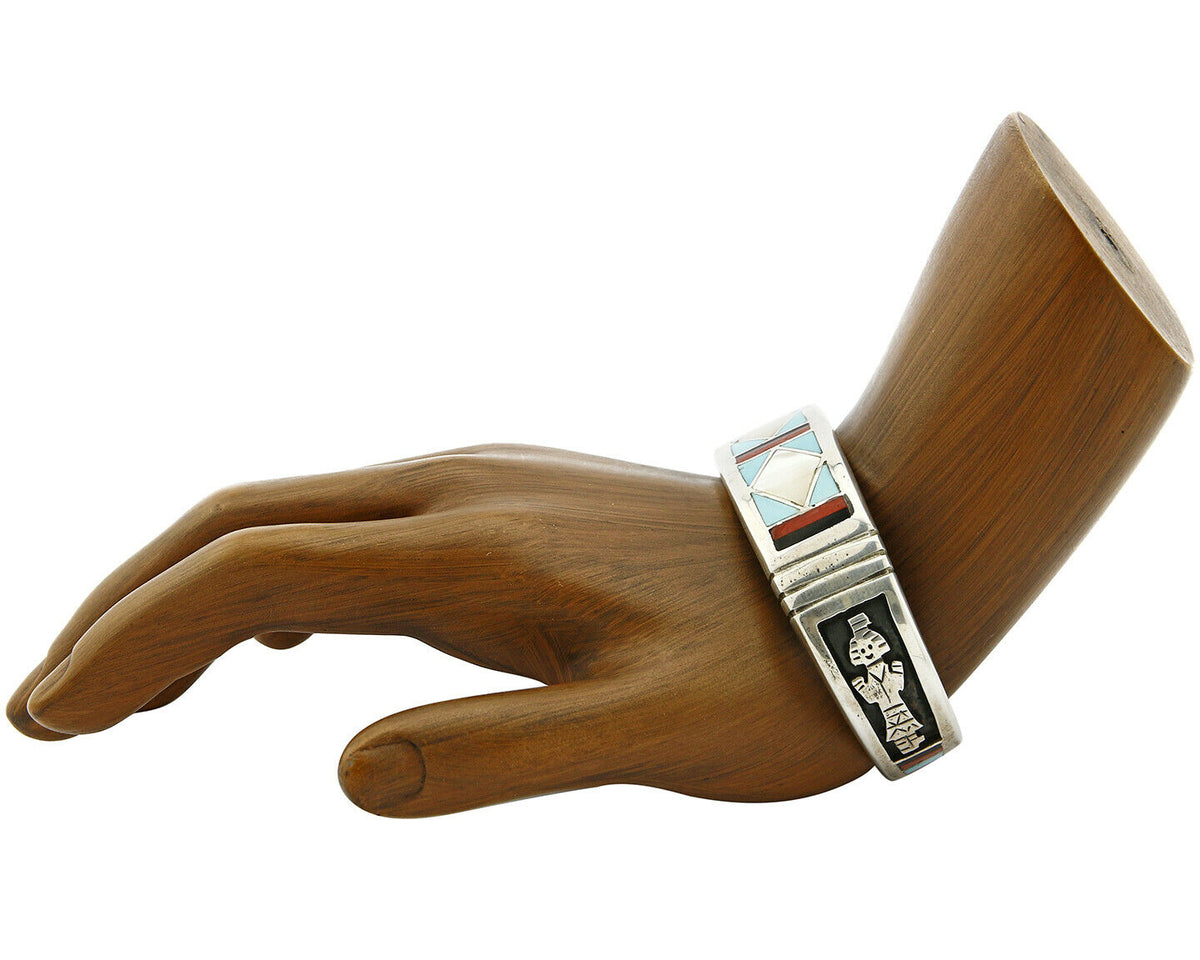 C. 1980's Zuni Inlaid Gemstone .925 Silver Handmade Cuff Bracelet