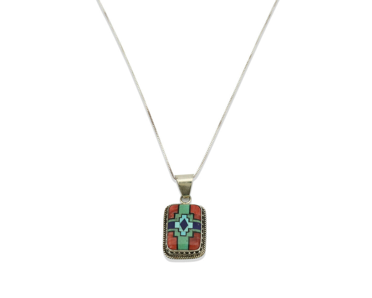 Navajo Handmade Inlaid Gemstone Pendant .925 Silver Signed SN C.80's