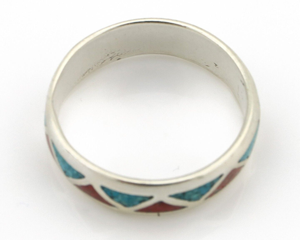 Navajo Chip Inlay Ring 925 Silver Sleeping Beauty Turquoise & Coral Silver Cloud