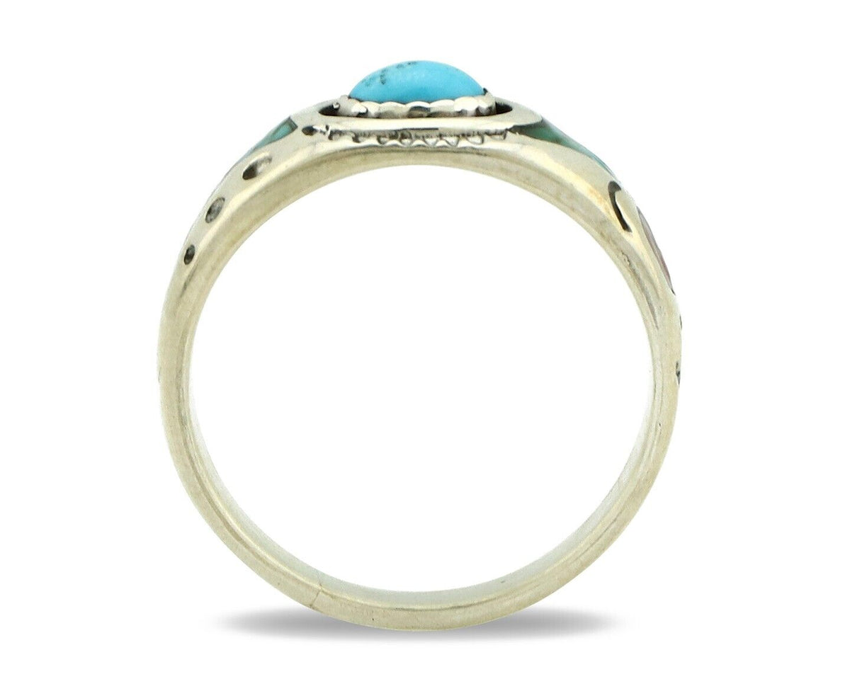 Navajo Handmade Ring 925 Silver Blue Turquoise & Coral Native American C.80's